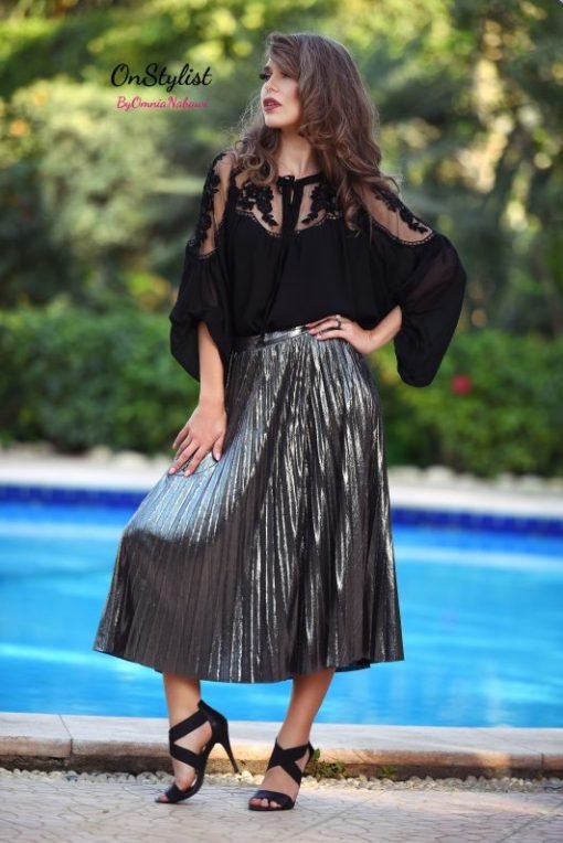 Pleated Foil Midi Skirt