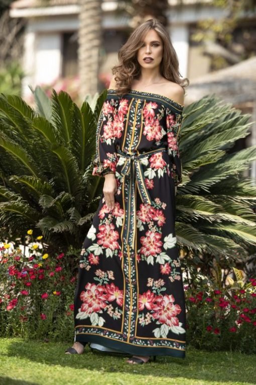 FLORAL PRINT OFF-THE-SHOULDER MAXI DRESS WITH WAIST TIE