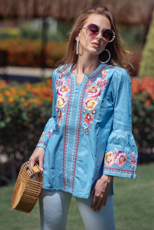 Denim Embroidery Sleeves Blouse