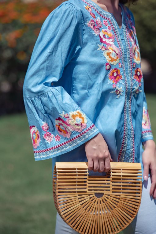 Denim Embroidery Sleeves Blouse - Image 2