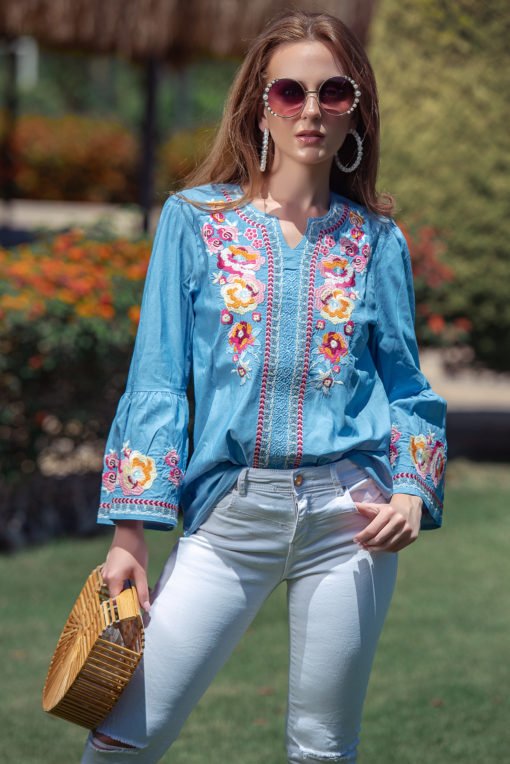 Denim Embroidery Sleeves Blouse - Image 5