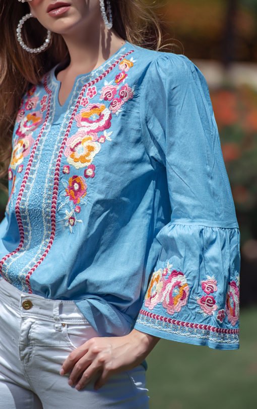 Denim Embroidery Sleeves Blouse - Image 4