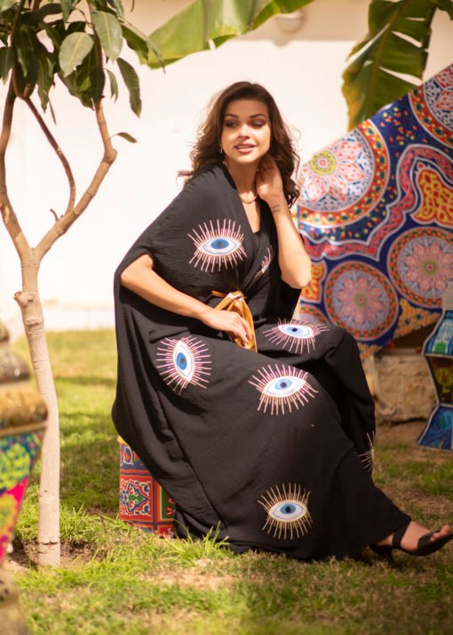 Evil Eye Embroidered Black Kaftan - Image 2
